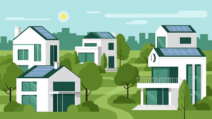 Eco friendly suburban neighborhood with modern solar powered homes