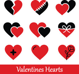 Valentines Hearts Icon Set with Various Styles and Colors, Ideal for Romantic Designs, Love Cards, and Holiday Decorations