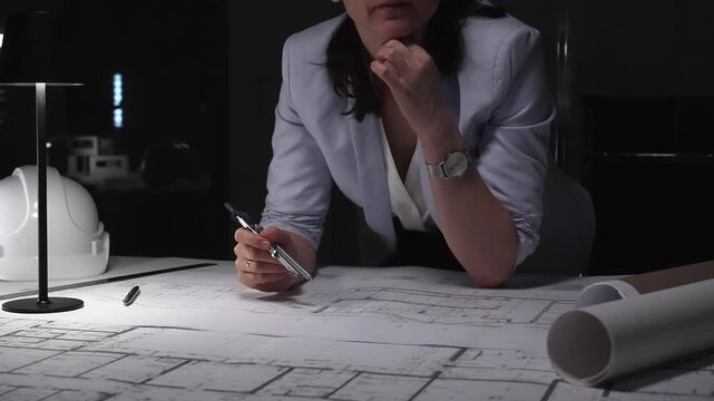 Female architect drawing blueprints for new building design, working late in office, creating architectural plans.