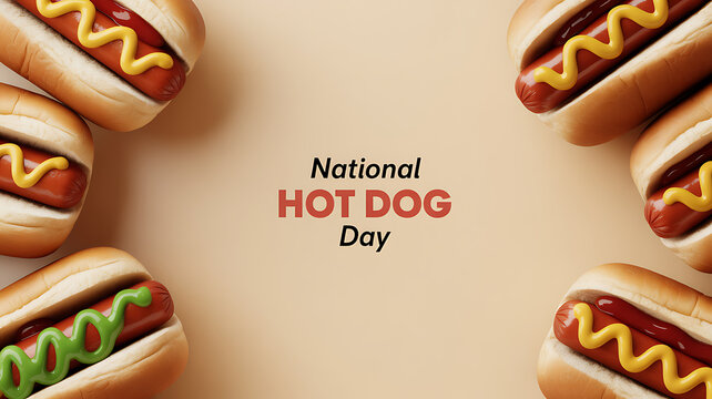 National Hot Dog Day celebration with hot dogs arranged in a circular pattern featuring mustard and relish toppings