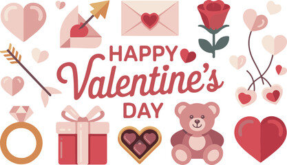 Happy Valentine&rsquo;s Day cute text design with cartoon icon set