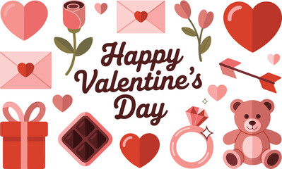 Happy Valentine&rsquo;s Day cute text design with cartoon icon set