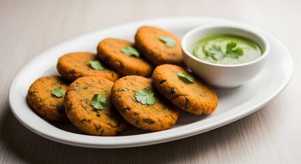Delicious ramadan food crispy fried cutlets with green chutney