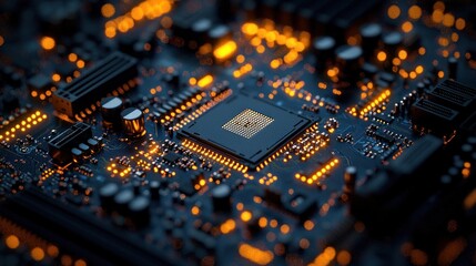 Macro shot of a dark circuit board with glowing orange lights and chip