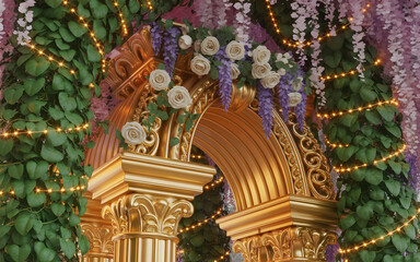 Luxurious Golden Baroque Archway in Enchanted Garden with Floral Vines, Fairy Lights, and Soft Sunlight Creating a Magical Romantic Atmosphere