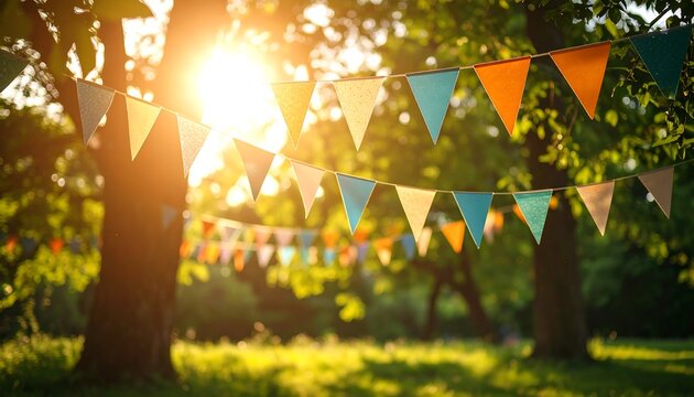 Colorful Party Flags in Sunny Garden.