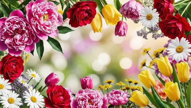 Beautiful spring flower frame with tulips, roses, and daisies on sunny bokeh background, floral border animation for wedding, Mother's Day, Easter, and seasonal greeting cards.