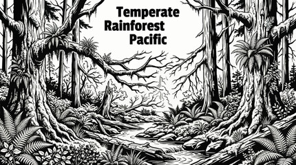 temperate rainforests featuring moss covered trees, ferns, and coastal black and white vector illustration vegetation ecosystems © Ethan