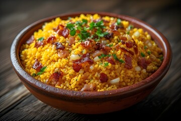 bowl of cassava flour farofa with bacon bits tand onions in it and topped with parsley