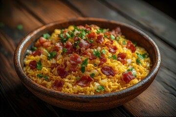 bowl of cassava flour farofa with bacon bits tand onions in it and topped with parsley