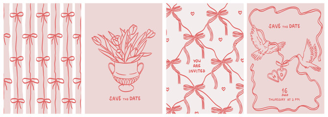 Fototapeta na wymiar Wedding party invitation. Hand dawn wedding ceremony card with different design elements and backgrounds. Elegant line art minimalist design for wedding, monogram, invitation, greeting, birthday card.