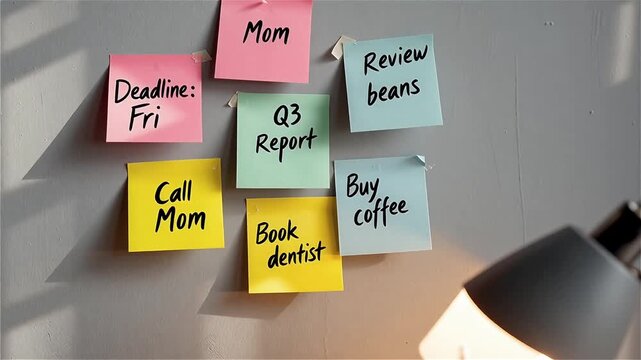 Close-up of colorful sticky notes arranged on a wall with shallow focus, representing productivity, planning, and creative workflow. Created with generative AI.
