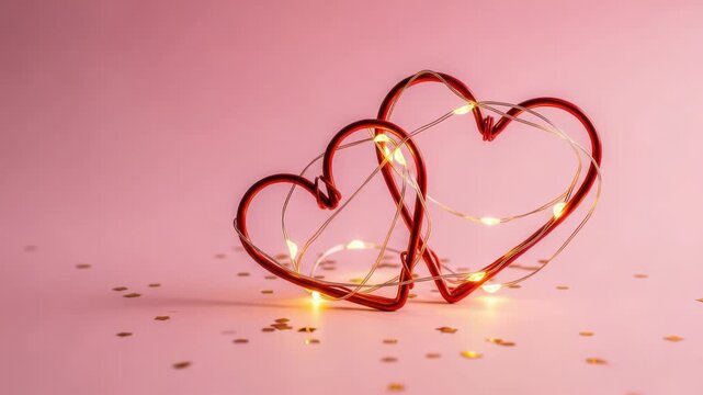 Two heart shaped lights on pink background with confetti