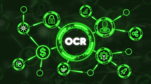 OCR and Digital Transformation: A vibrant depiction of the Optical Character Recognition (OCR) process. Illustrating the interconnectedness of digital transformation with abstract symbols.