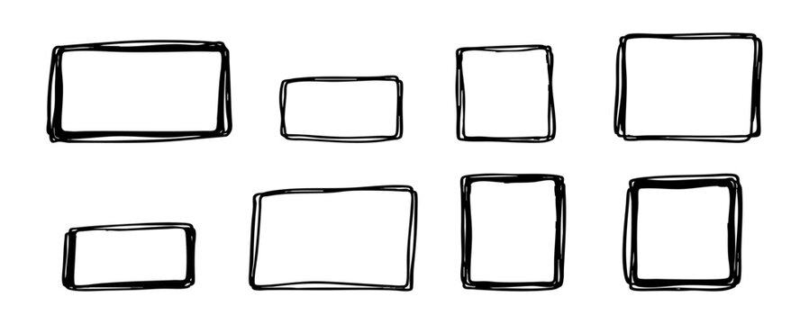 A collection of eight hand-drawn sketchy frames and borders in various rectangular and square shapes, ideal for minimalist design and journaling.