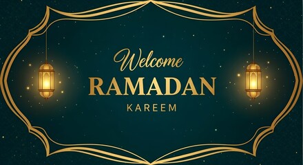 Ramadan kareem welcome background with golden accents and lanterns for fasting and food