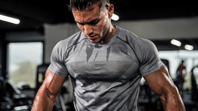 Medium shot of an athlete wearing a moisturewicking sports tee showcasing hydrophilic fabric zones that effectively pull sweat away during intense workouts.