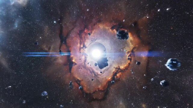 Cosmic vortex with a bright white star at its center, surrounded by swirling purple and pink nebulae and scattered asteroids.