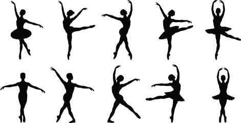Ballet dancer silhouettes set showing graceful ballerinas performing classical dance movements, elegant poses and artistic choreography, professional stage performance isolated on white background © Itz Jisan