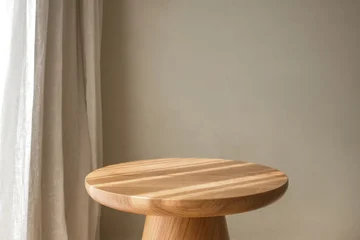 Fotobehang Japandi close up of empty wooden table in soft warm interior. minimalist empty room. blank wooden tabletop mock up for product  © Ruslana