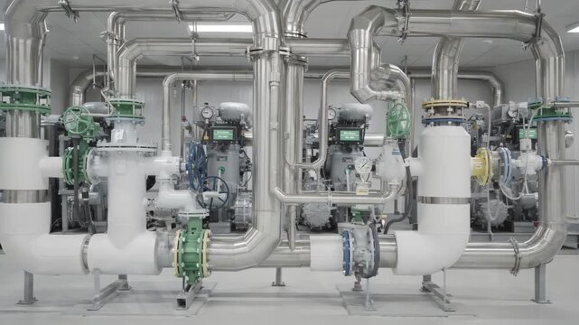 Medium shot of an ecofriendly refrigerant system showcasing sleek new piping details designed for maximum efficiency and reduced environmental impact.