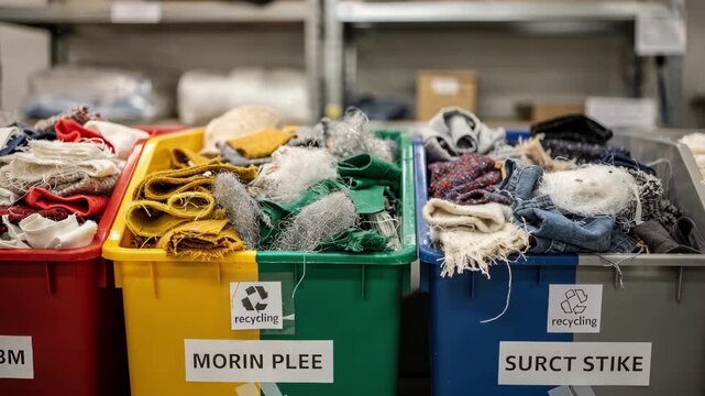 Medium shot focusing on colorcoded bins filled with sorted fabric scraps and lint emphasizing efficient sorting in the textile recycling process.