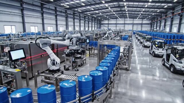 Automated industrial production line with robotic arms and blue drums moving on a conveyor belt in a modern factory setting.