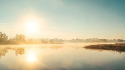 Obraz premium follicle. Morning mist rising from a serene lake at sunrise with soft golden light. travel magazines, destination branding, designed for travel destination branding, used by event planners. 
