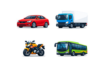 Vehicle icons set. Including car, truck, motorcycle, bus, transportation, auto, drive, wheels, transit and more.