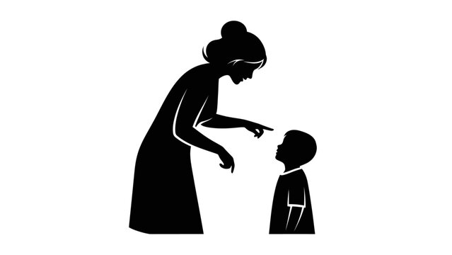 Woman Pointing Finger at Small Child Silhouette.