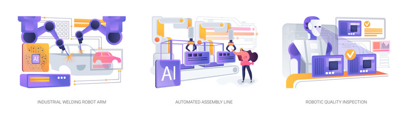 Industrial Robotics in Smart Factories abstract concept vector illustrations.
