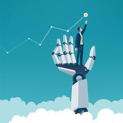 Fototapeta na wymiar Artificial intelligence support to achieve the goal. Businessman standing on artificial hand reaching for the goal. Business concept illustration. 