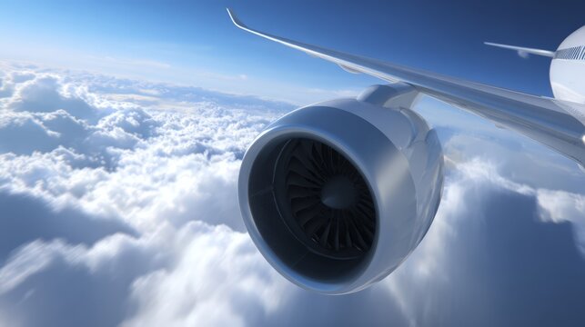 naomi. View from behind a wing, engine nacelle flying through clouds. mobility guides, transit brochures, designed for transport & logistics marketing, used by clinicians.
