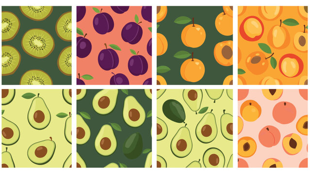 Comprehensive set of eight seamless patterns featuring various colorful fruits like kiwi plum apricot and avocado in a flat style.