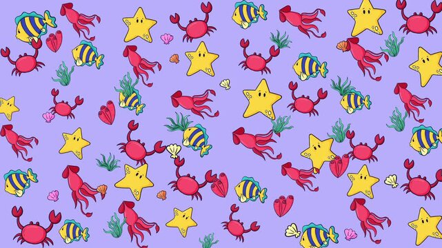 Underwater sea creatures pattern with fish, crabs, starfish. Suitable for oceanthemed designs, textiles, wallpapers, and educational materials.