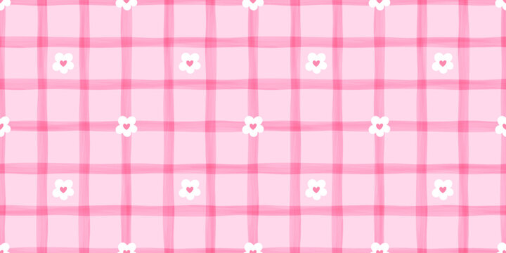Cute striped seamless background with flower and watercolor lines light gingham feel. Ideal for kids fabric, nursery decor, and girly textile prints