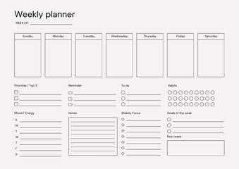 Black and White Minimalist Simple Weekly Planner A4 Document Landscape printable paper