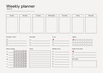 Black and White Minimalist Simple Weekly Planner A4 Document Landscape printable paper