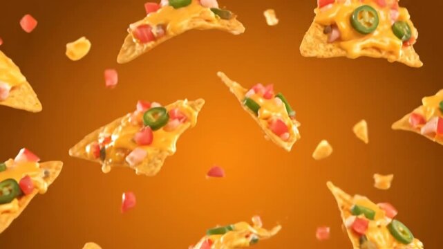 Loaded nacho chips floating with melted cheese and jalapenos on warm background