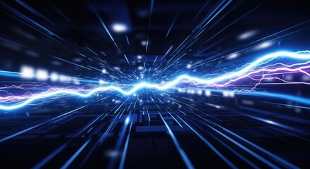 Obraz premium A blue and purple lightning bolt in a dark, futuristic, technological environment.
