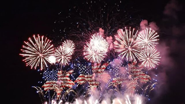 Colorful fireworks display celebrating 250 years of the USA at night  