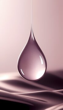 Macro shot of a clear liquid drop or serum falling against a soft pink silk fabric background.