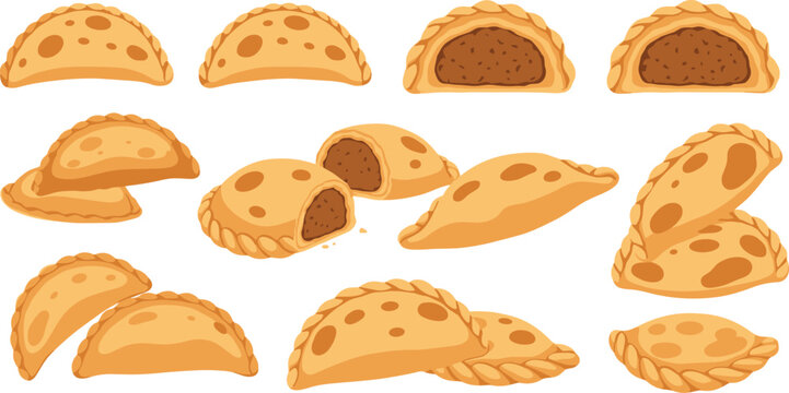 Stuffed pastry turnover illustration set with baked empanada style pies and filling inside