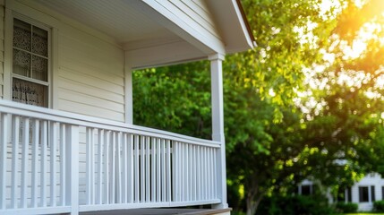 Fototapeta premium Wooden house with wraparound porch, lace curtains, and vintage railings