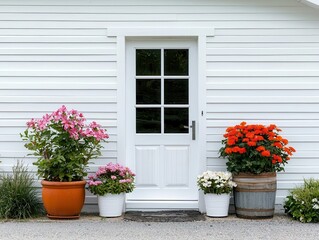 Fototapeta premium Farmhouse exterior with peeling paint, antique planters, and cozy decor