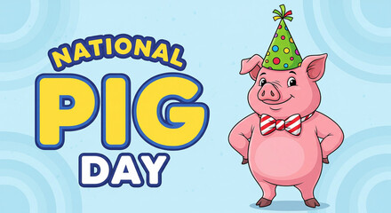 Obraz premium National Pig Day Cartoon Pig Character with Party Hat and Bow Tie 