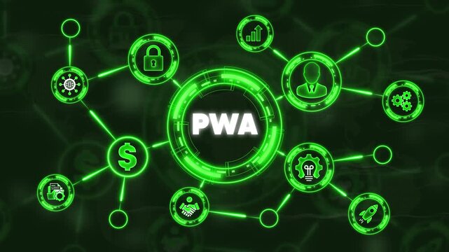PWA Network: Visual representation of PWA features in a modern digital interface, showcasing interconnected nodes representing various functionalities and elements. 