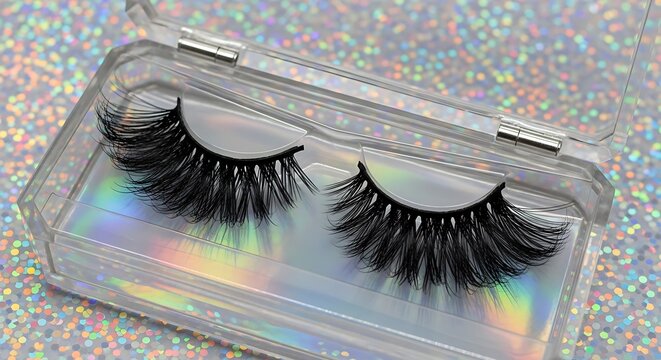 Luxurious false eyelashes in a clear protective case on a sparkly background lash extensions