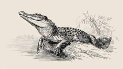 Vintage Illustration of a Crocodile by the Water's Edge