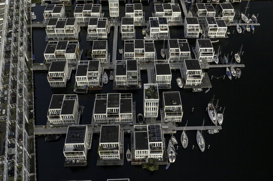 Aerial view of floating houses interconnected by wooden walkways, creating a modern aquatic village, IJburg, Amsterdam, Netherlands.